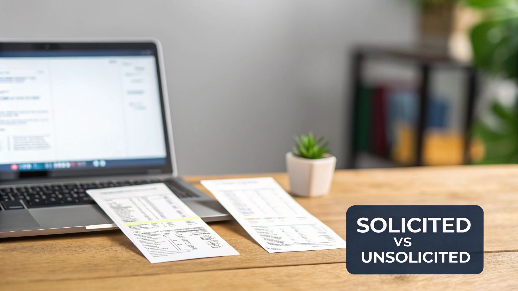 A laptop and two documents on a wooden desk with a 'Solicited vs Unsolicited' text overlay.