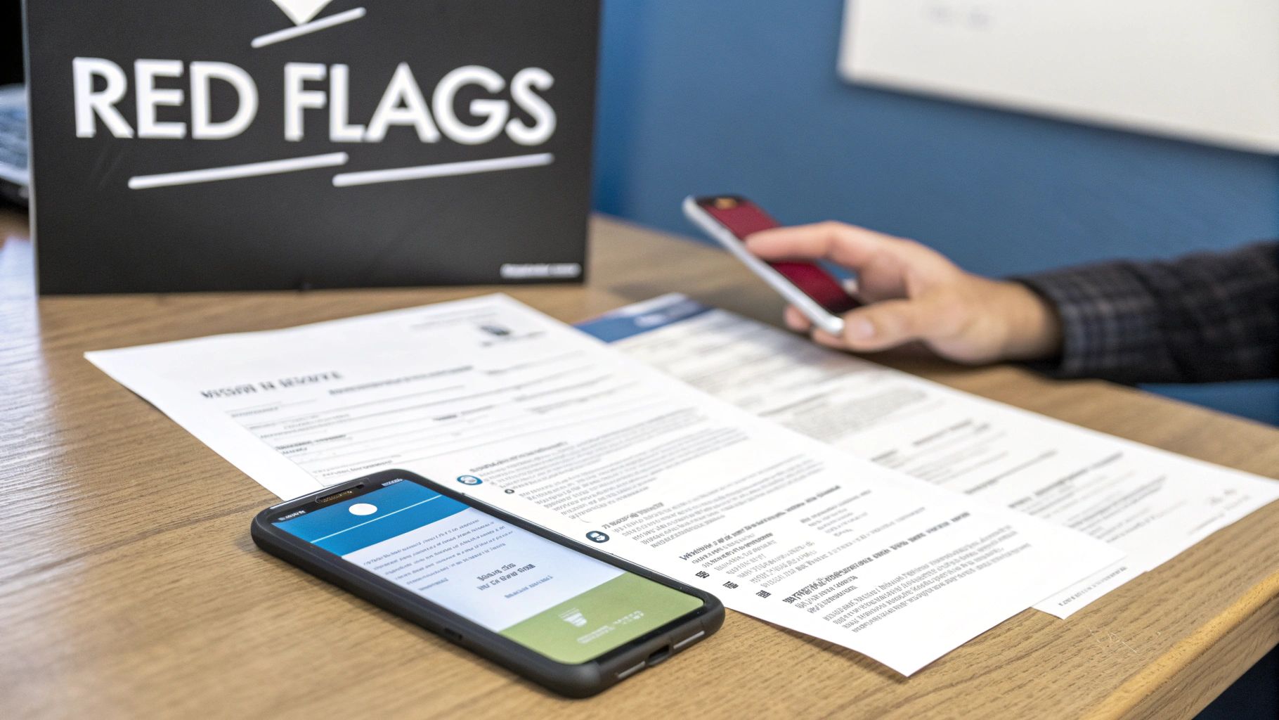 A person reviews documents and interacts with smartphones on a desk next to a 'Red Flags' sign.