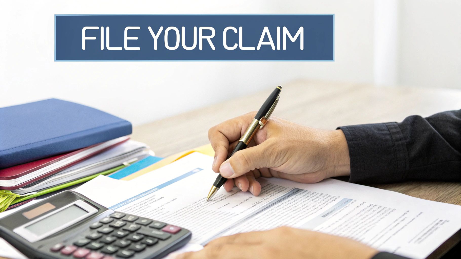 Person filling out insurance claim form with pen, calculator and documents on desk