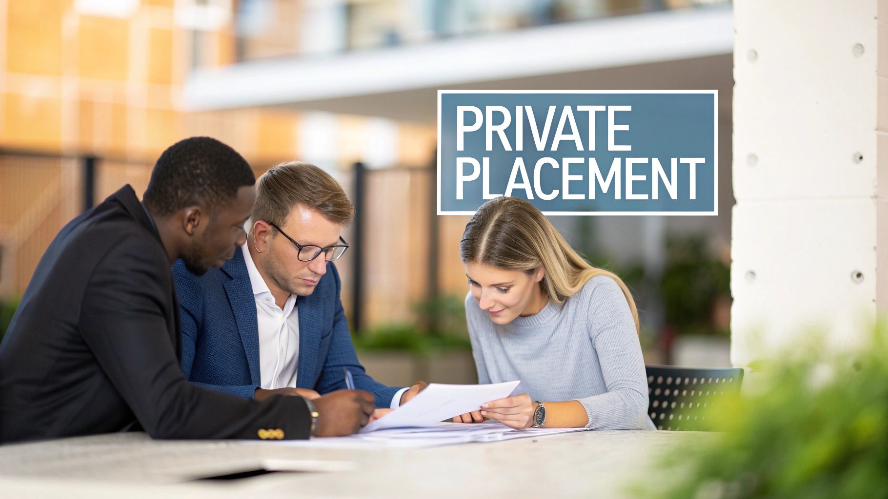 Three business professionals review documents at a table with a "Private Placement" sign.