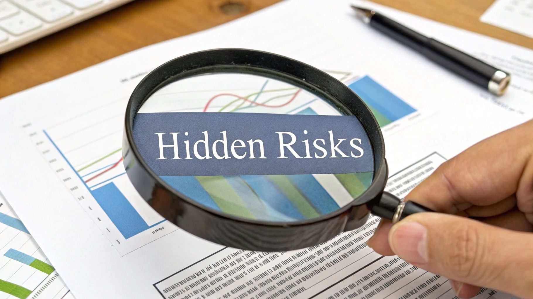 A hand holding a magnifying glass over financial documents, highlighting the words 'Hidden Risks'.