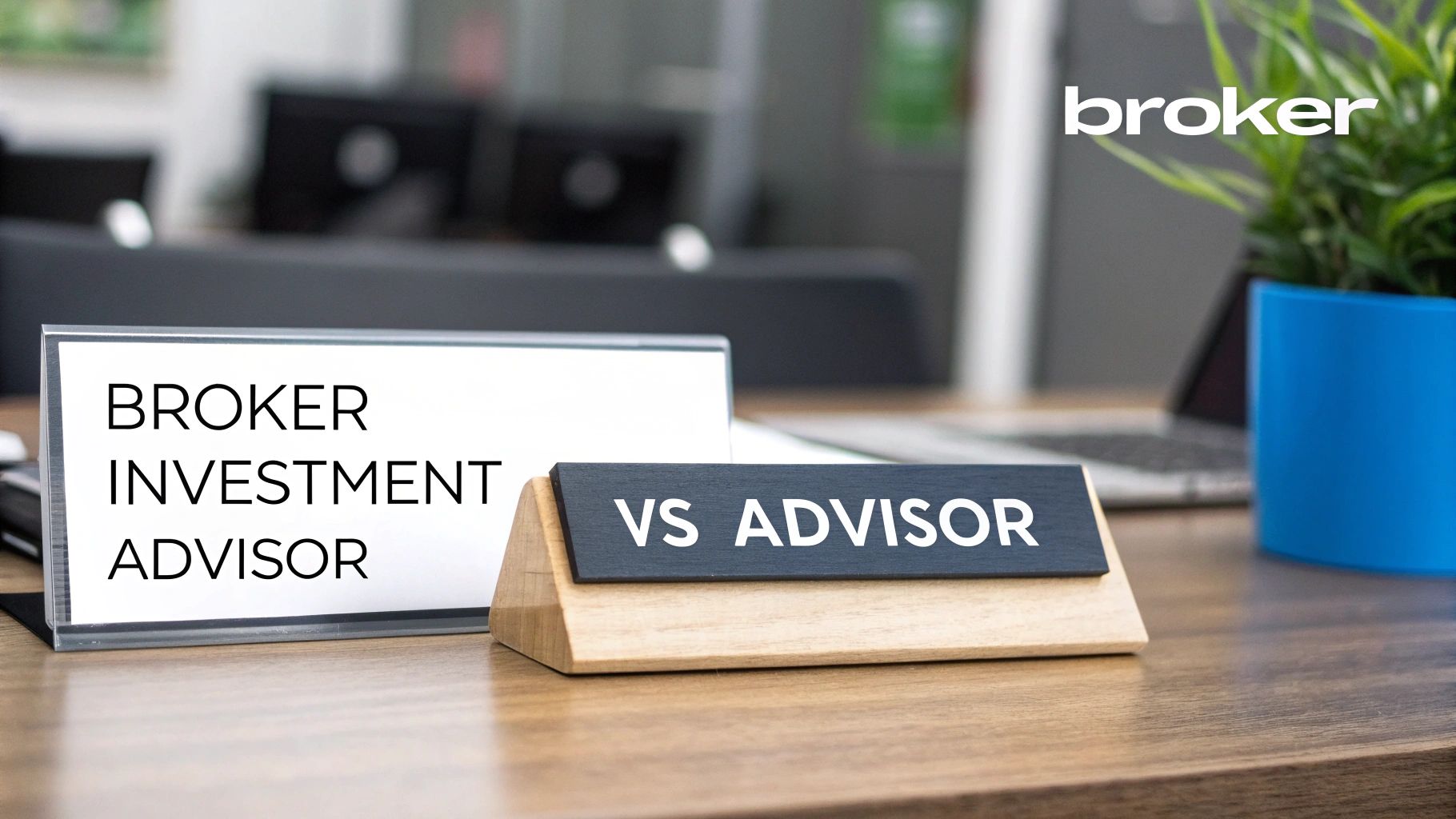 Office desk comparison between broker investment advisor and advisor with professional signage display