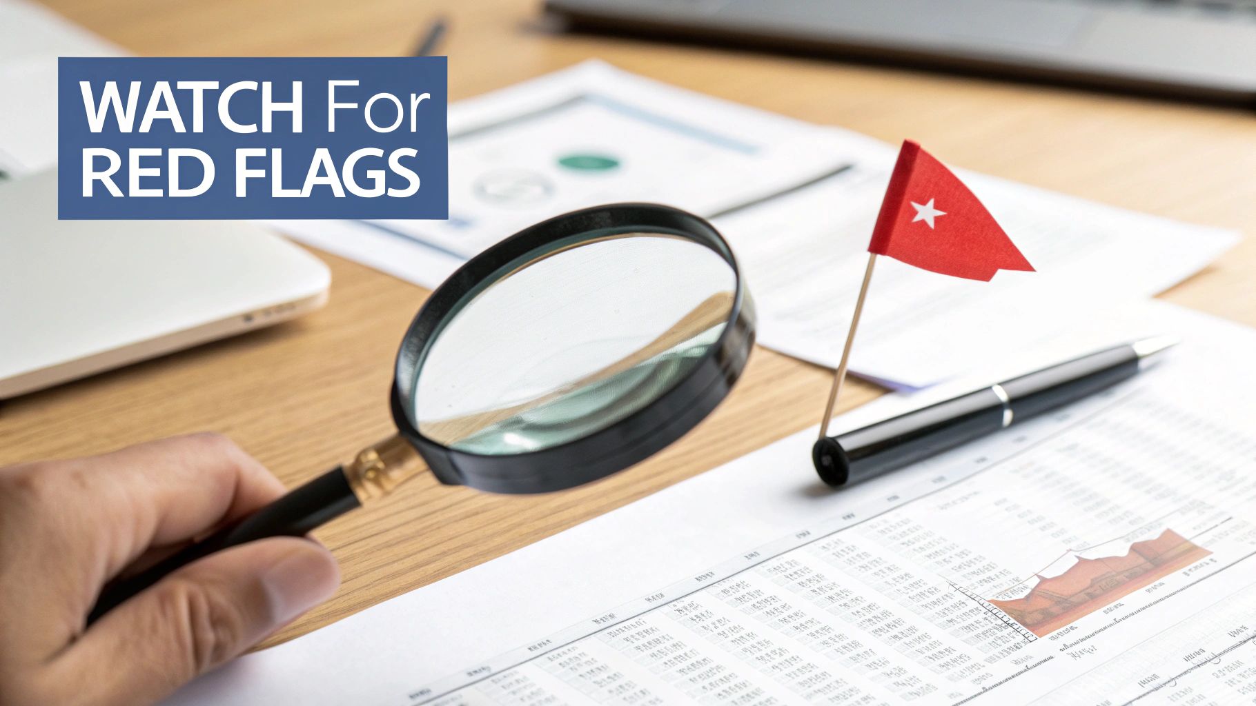 A hand examines financial documents with a magnifying glass; a red flag suggests caution.