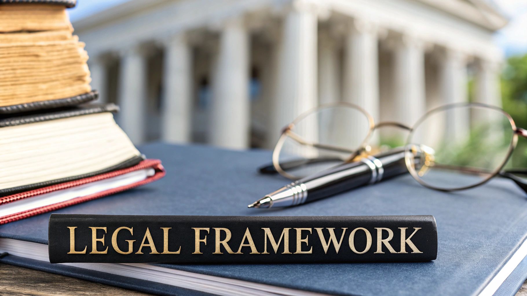 A 'LEGAL FRAMEWORK' book, pen, and glasses on a desk with law books and a courthouse.