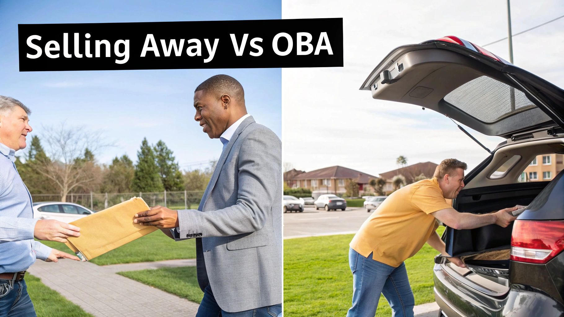 Split image contrasting two financial activities: men exchanging documents (selling away) versus a man loading a car trunk (OBA).