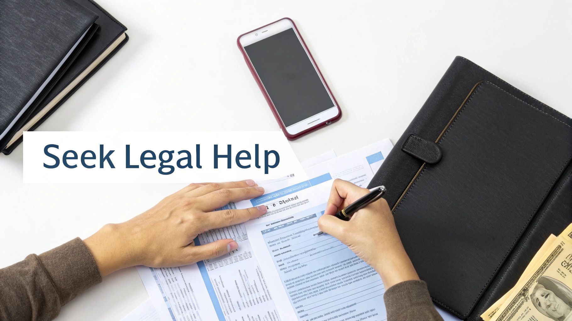 Hands writing on a legal document, with a phone, notebooks, and cash. Text: Seek Legal Help.