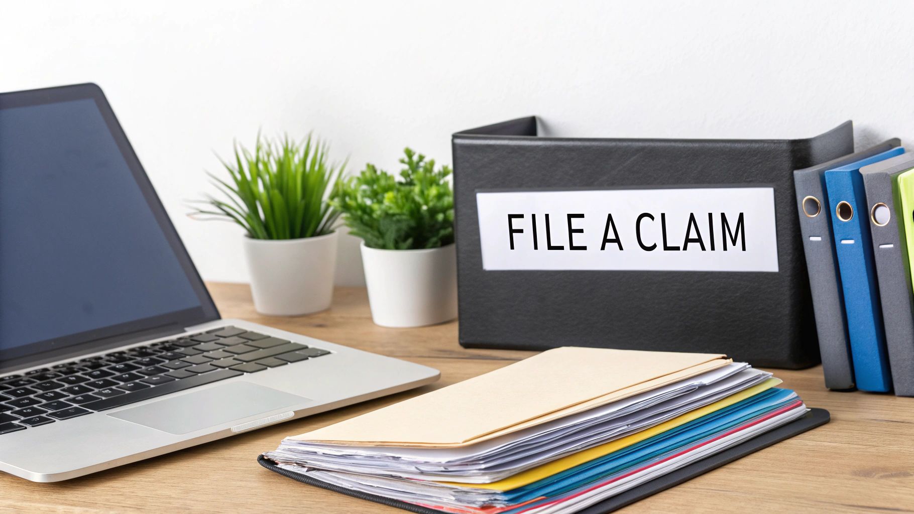 An office desk with a laptop, plants, binders, and a file box labeled 'FILE A CLAIM'.