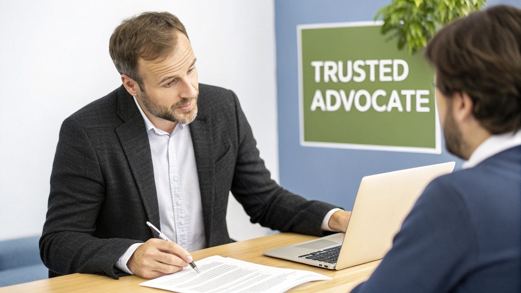 A trusted advocate, a male attorney in a suit, discusses documents with a client.