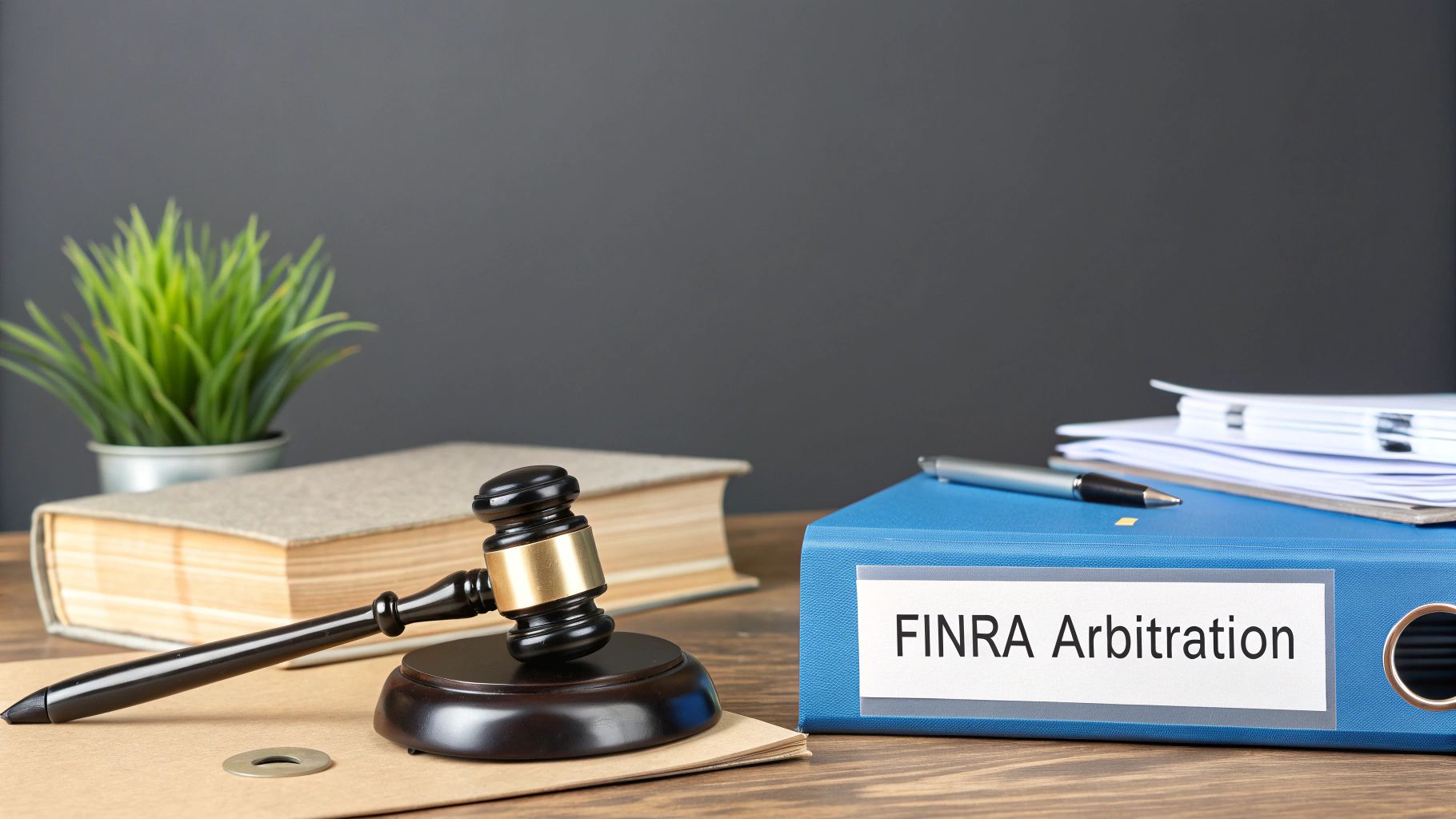 A gavel, book, plant, and a blue 'FINRA Arbitration' binder on a wooden desk.