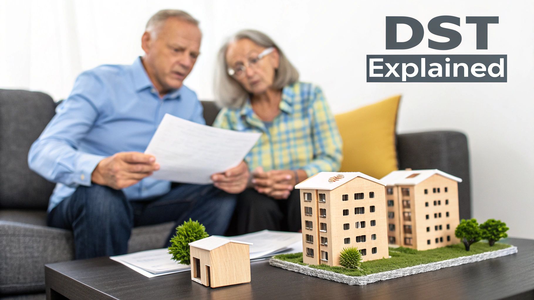 Elderly couple reviews documents with models of residential buildings, with 'DST Explained' text.