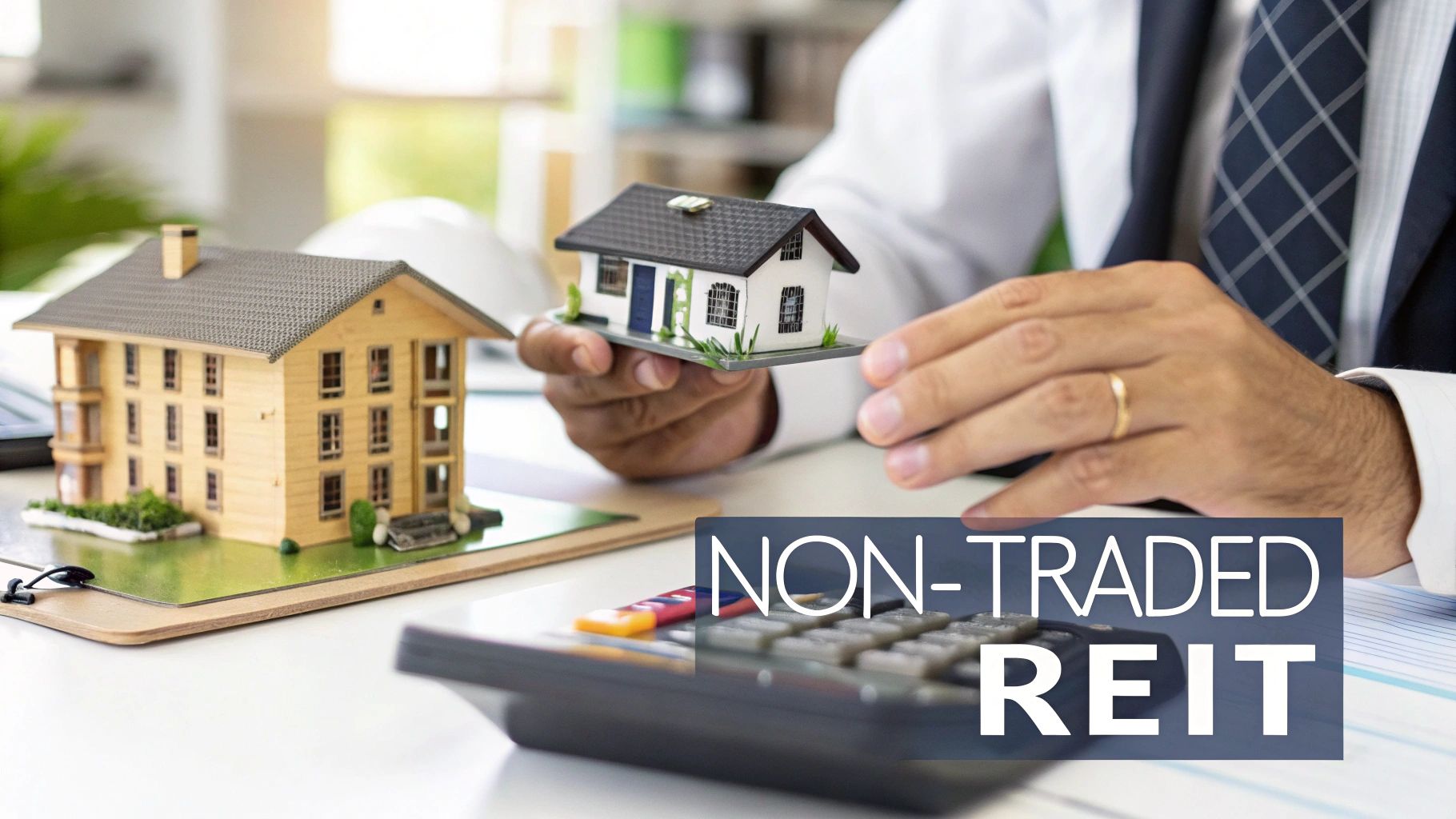 A businessman holds a small model house while another sits on a table, illustrating non-traded REITs.