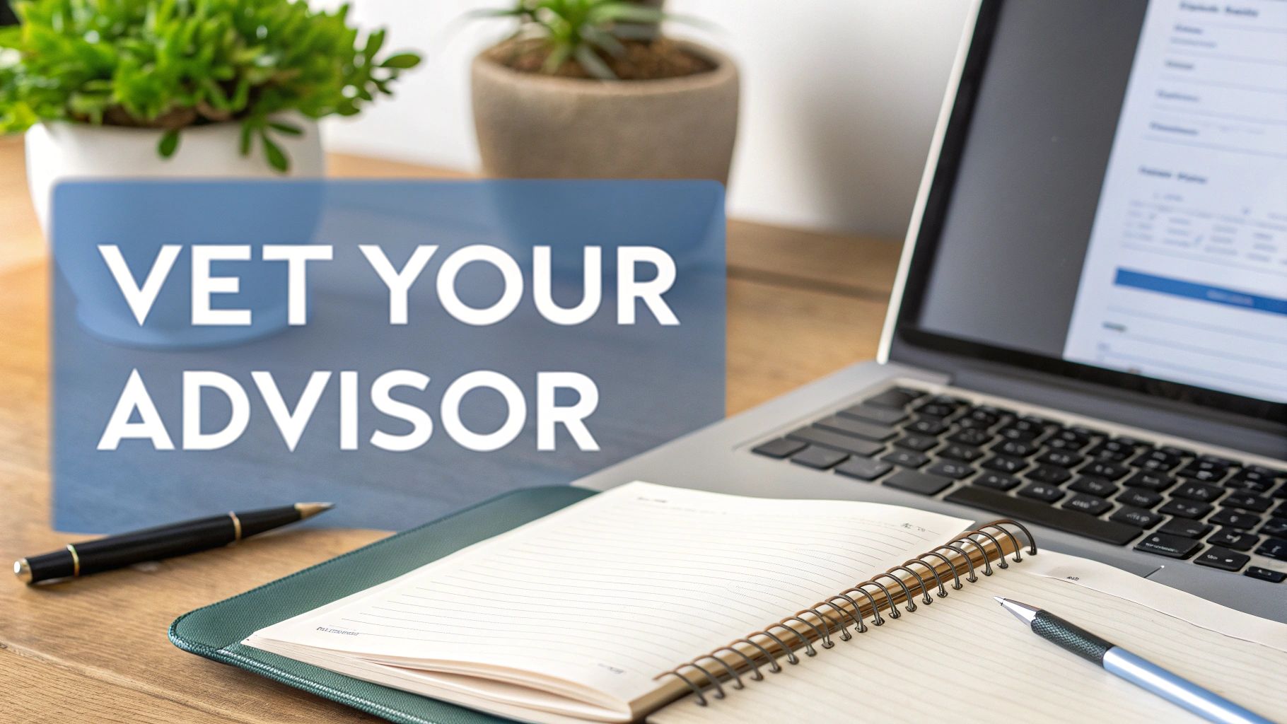 Vet your advisor sign on desk with laptop, notebook, and pen for financial consultation