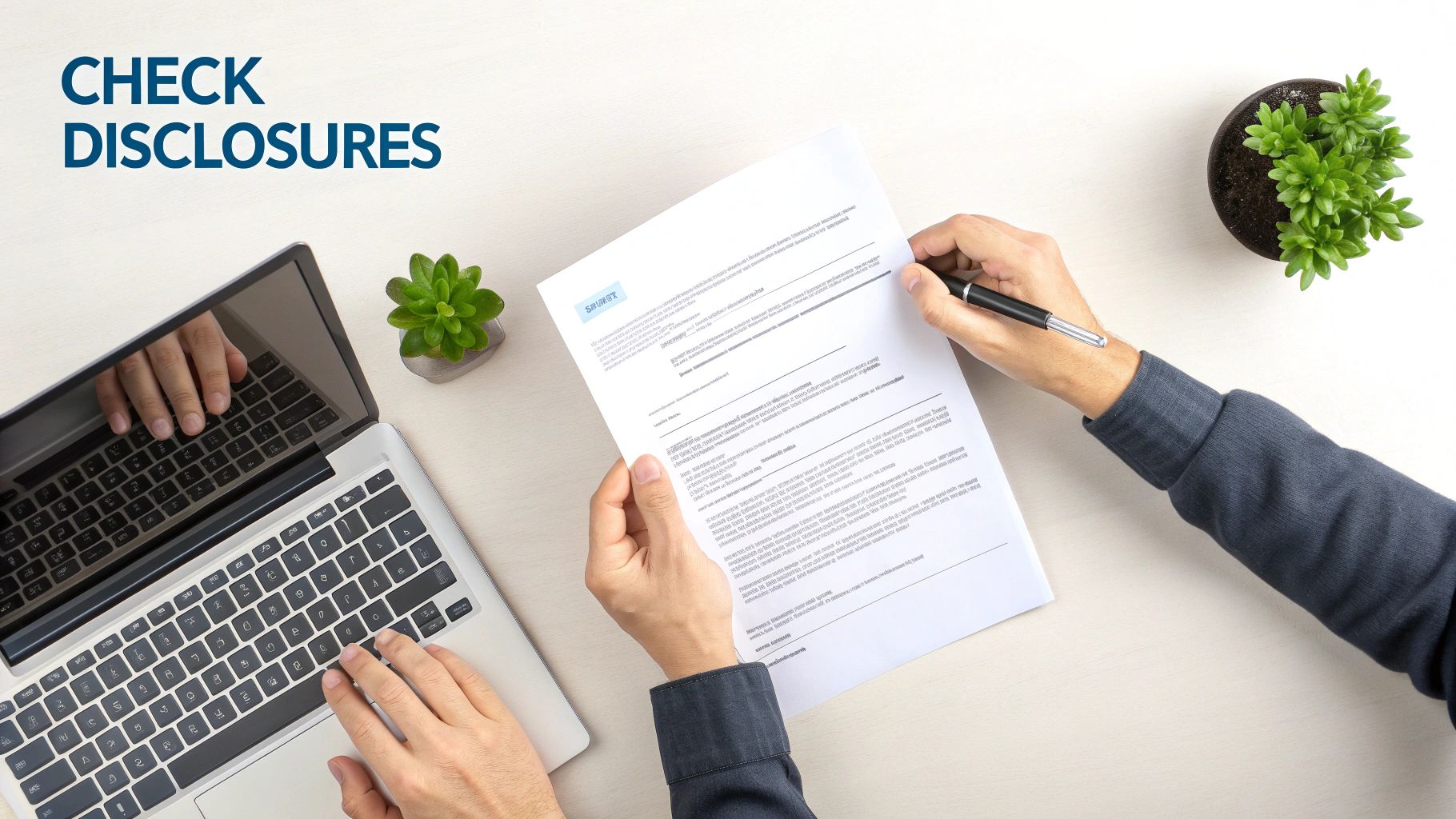 Overhead view of a person checking disclosures on a document while also typing on a laptop.