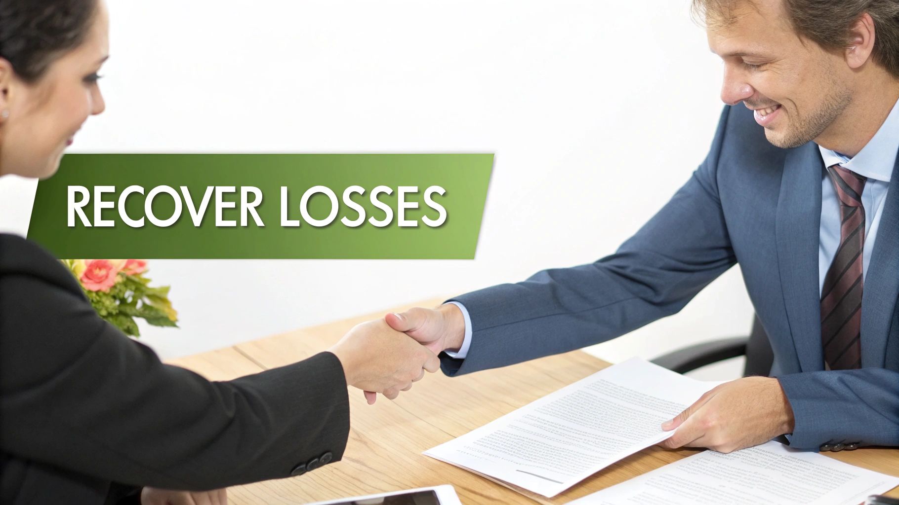 Two business professionals shaking hands across a desk with a 'RECOVER LOSSES' banner.