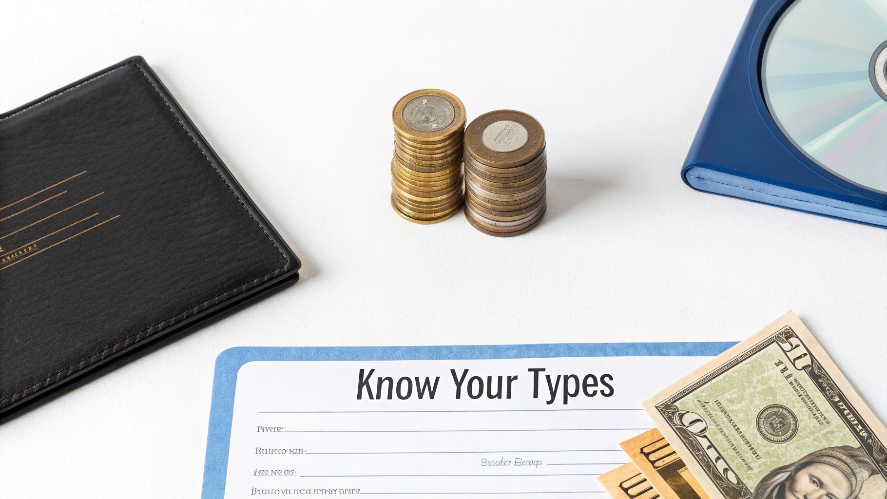 A flat lay displaying financial items like stacks of coins, banknotes, a wallet, and a document titled 'Know Your Types'.