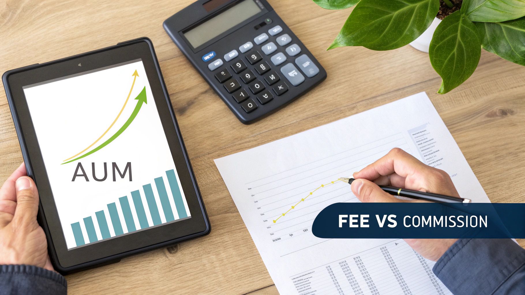 A person analyzes financial data, comparing fees versus commission, with AUM displayed on a tablet.