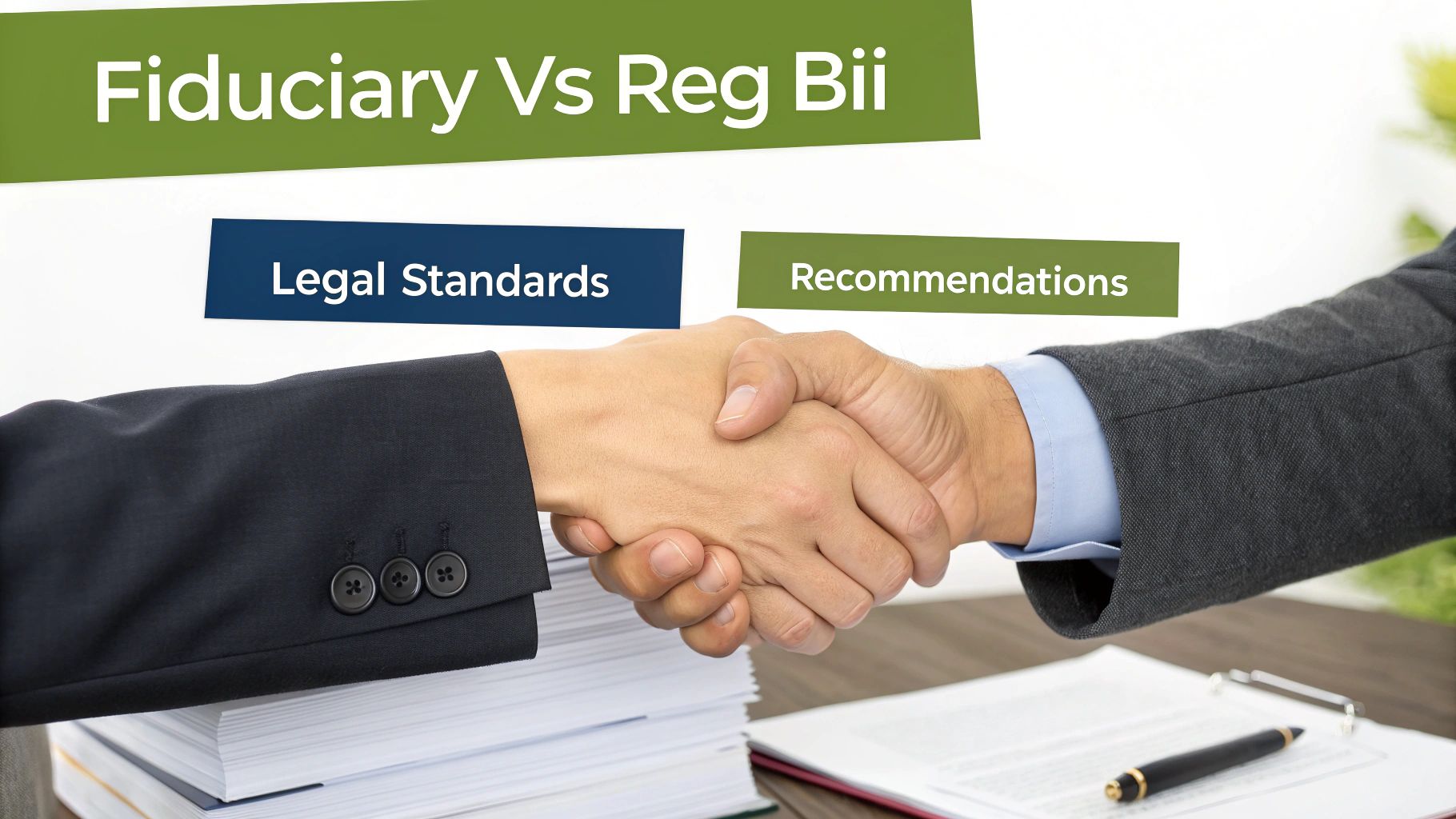 Two business people shaking hands, comparing fiduciary vs. Reg BI legal standards and recommendations.