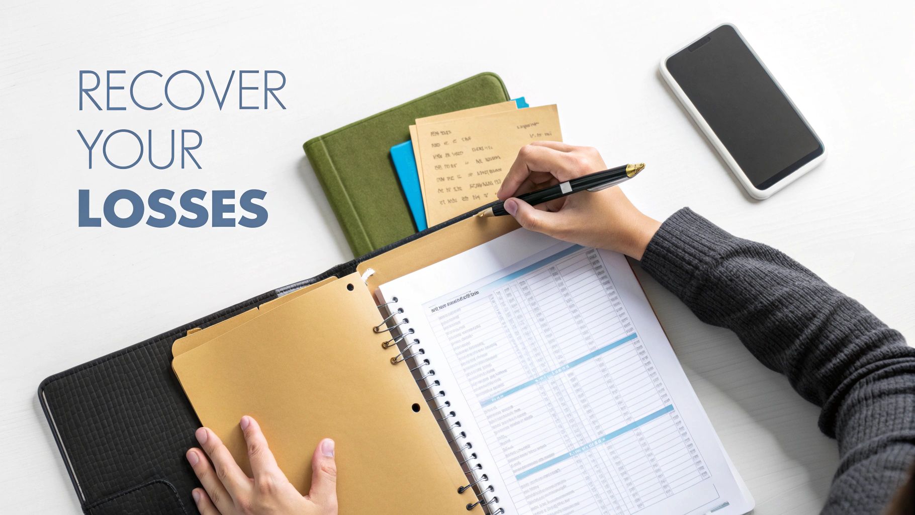 A person's hands reviewing financial documents and writing notes on a table with a smartphone. Text reads "RECOVER YOUR LOSSES".
