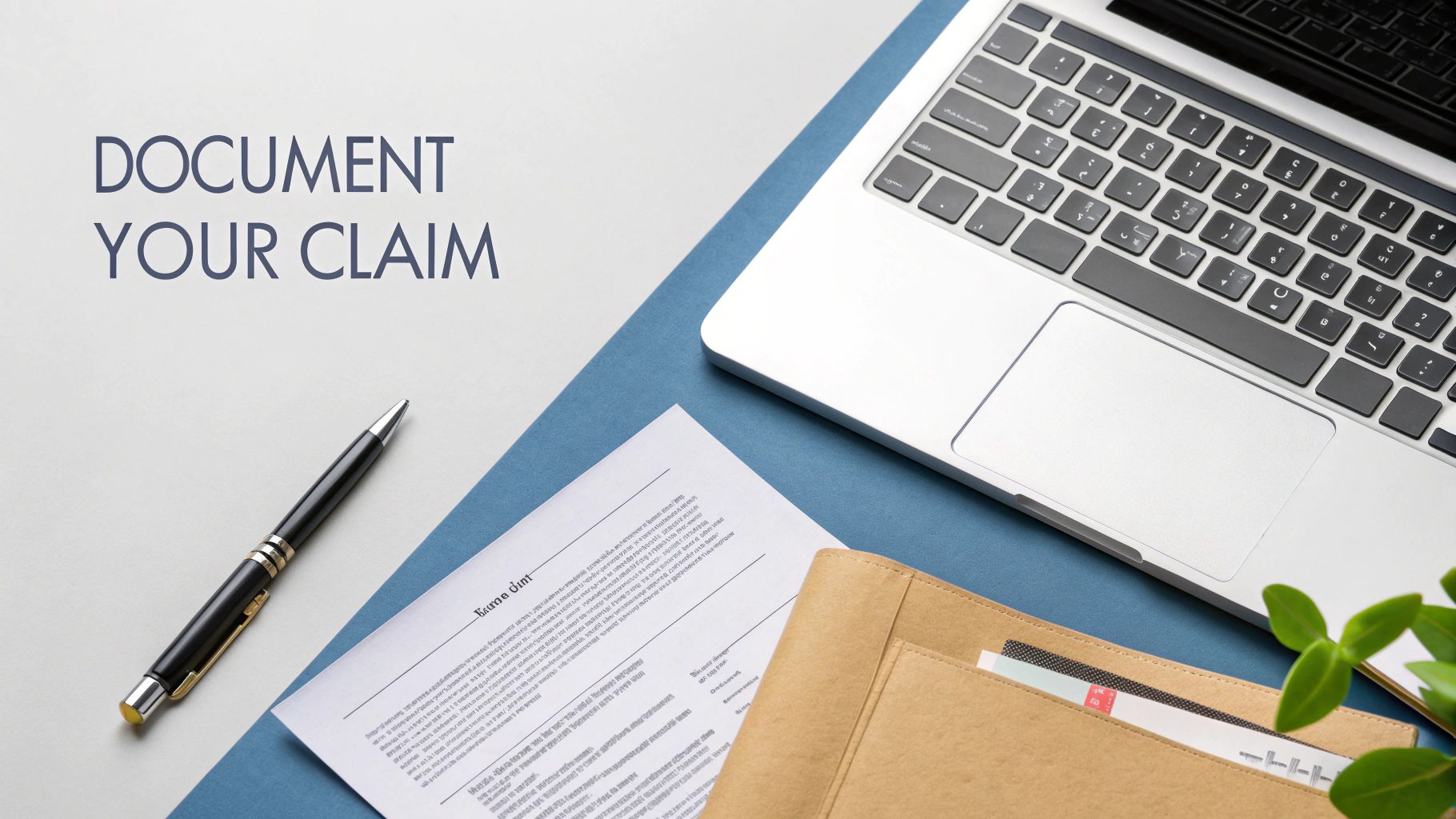 Overhead view of a modern desk with a laptop, pen, document, and folder. Text says 'Document Your Claim'.
