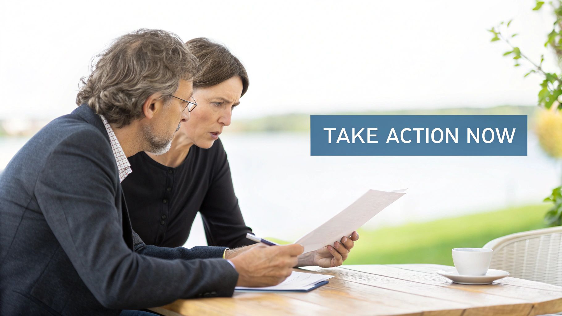 Two serious professionals reviewing documents at an outdoor table with a 'TAKE ACTION NOW' overlay.