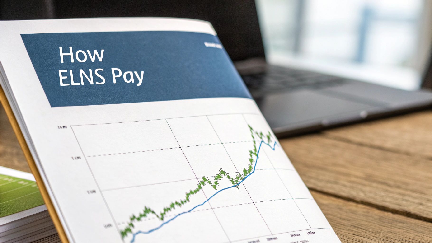 A financial document titled 'How ELNS Pay' open on a wooden desk, showing a graph.