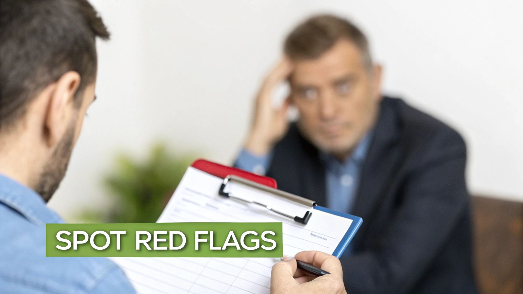 Two men in a serious discussion, one taking notes on a clipboard, with 'Spot Red Flags' text overlay.