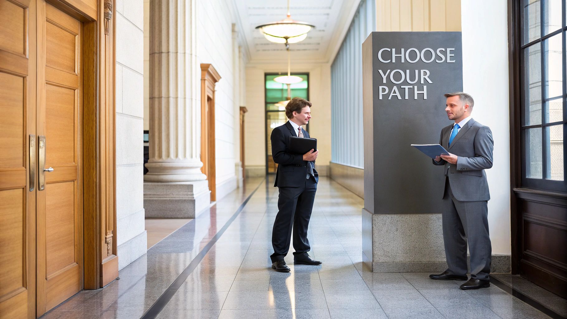 Two businessmen in suits in a professional hallway, one holding a folder, near a "CHOOSE YOUR PATH" sign.