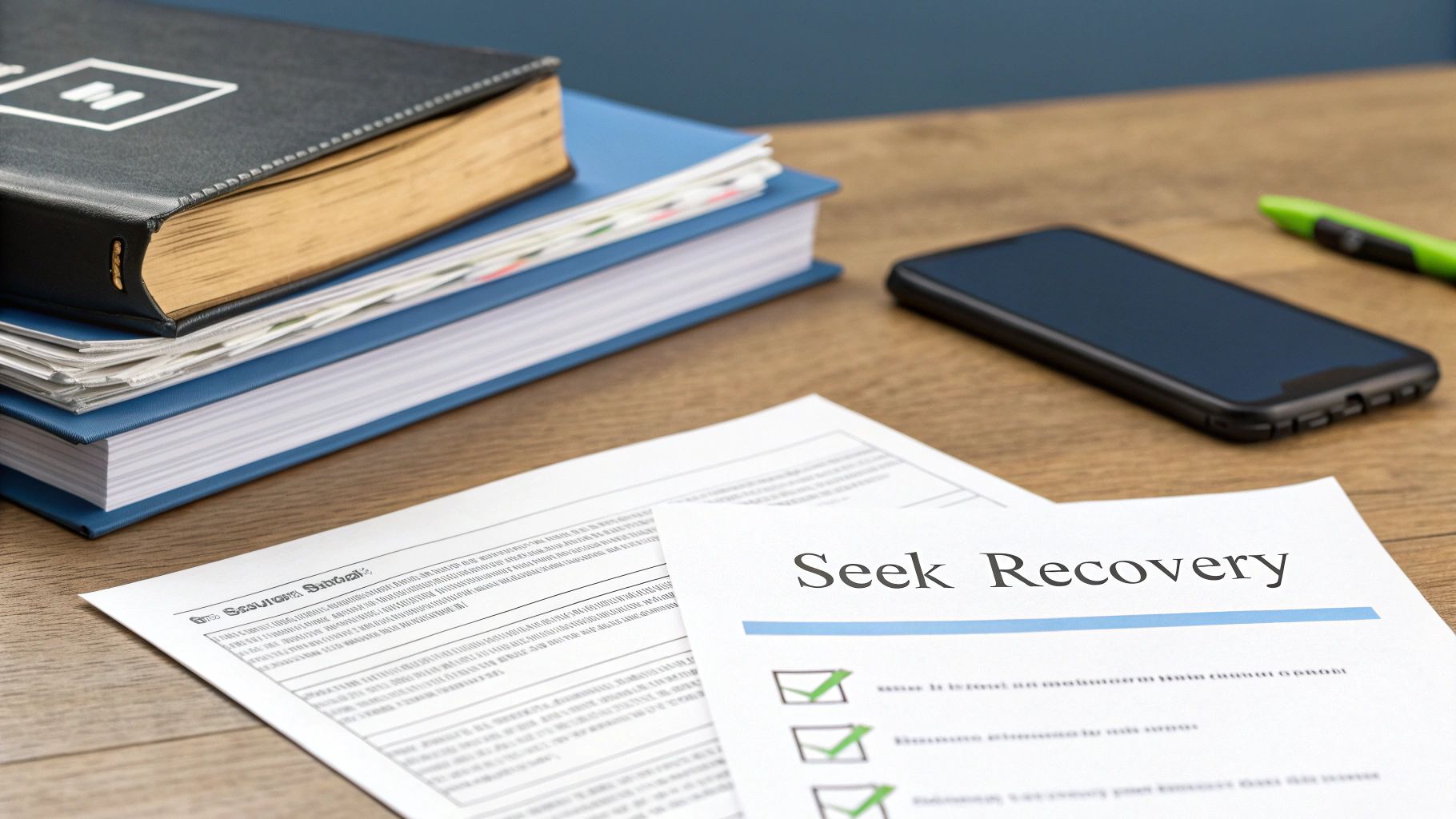 Desk with books, smartphone, pen, and documents, one titled 'Seek Recovery' checklist.