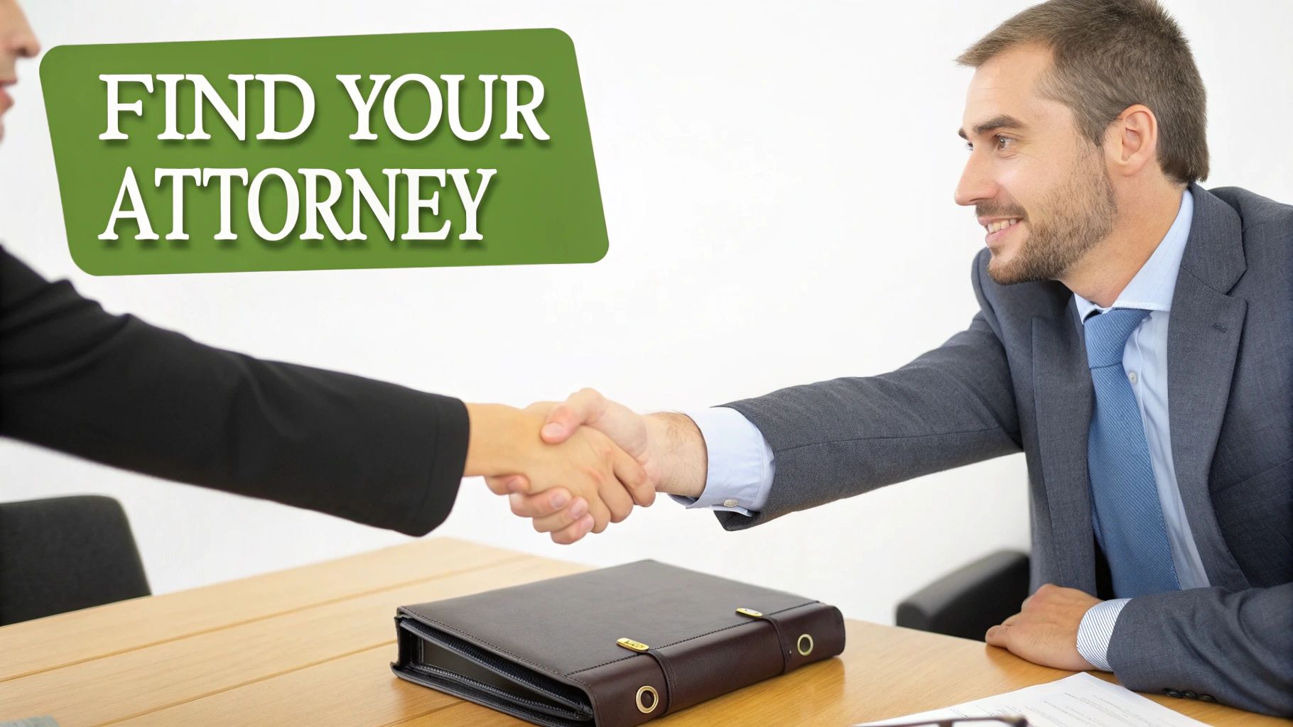 Two individuals, a man in a suit and another person, shake hands over a desk with a briefcase, featuring text 'FIND YOUR ATTORNEY'.