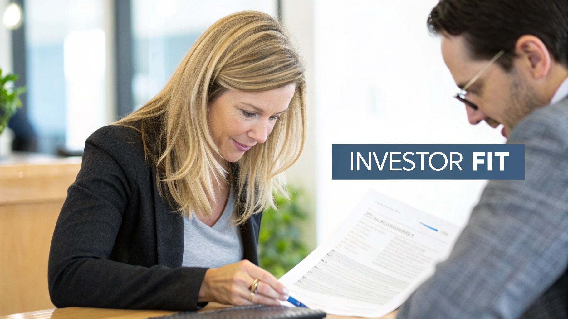 A businesswoman and a businessman review investment documents together, with 'INVESTOR FIT' text overlay.