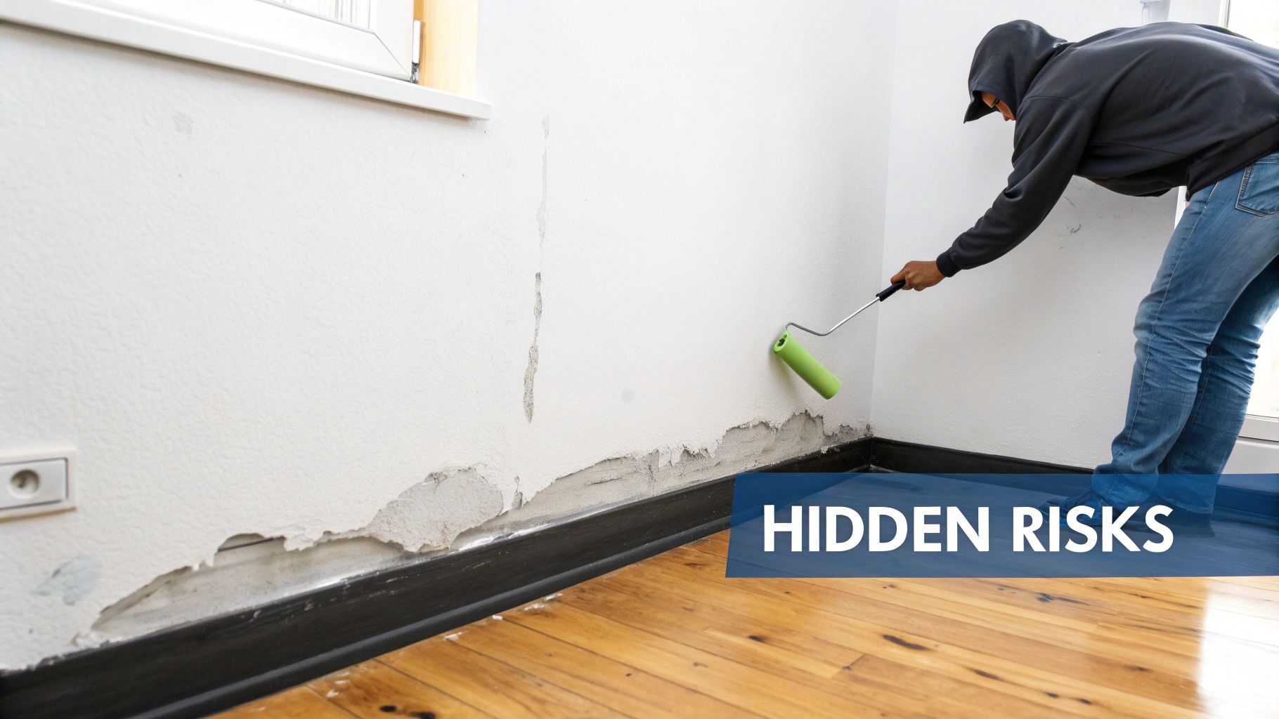 A person paints over a wall with significant water damage and peeling paint, covering hidden risks.