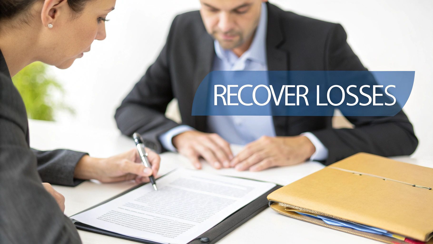 Two business professionals at a desk, with a woman signing a document, and text 'RECOVER LOSSES'.