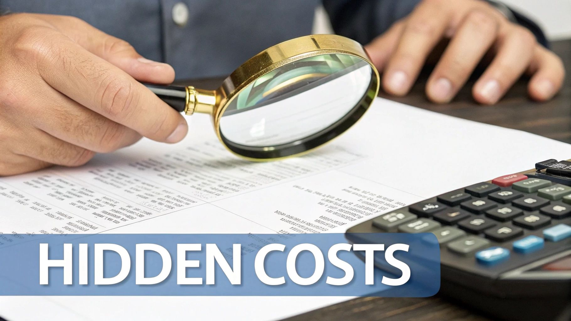 A person uses a magnifying glass to scrutinize financial documents, with a calculator, highlighting 'Hidden Costs'.
