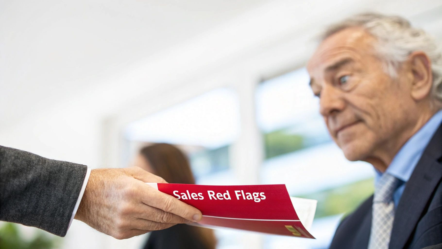 A person hands a 'Sales Red Flags' document to a senior businessman in a meeting.