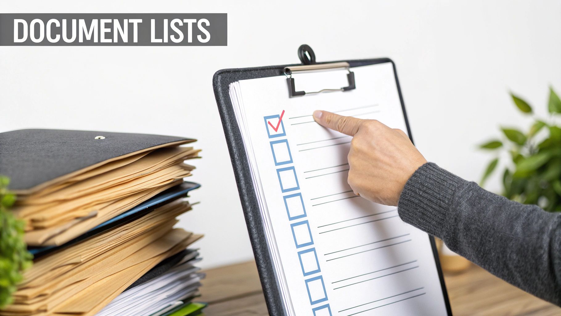 A person's hand points to a checklist on a clipboard, with a stack of documents nearby.