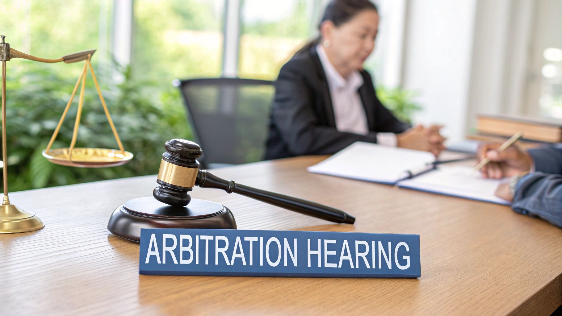 A professional boardroom with a long table, set up for a formal meeting, symbolizing the arbitration hearing.