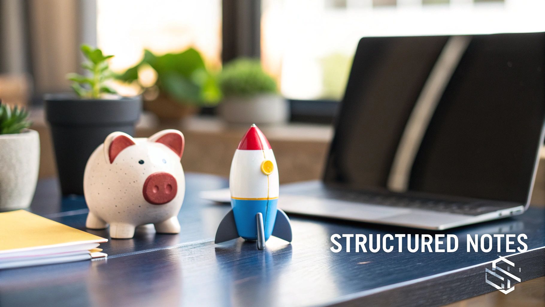 A desk with a piggy bank, rocket toy, laptop, and potted plants, displaying 'STRUCTURED NOTES' text.