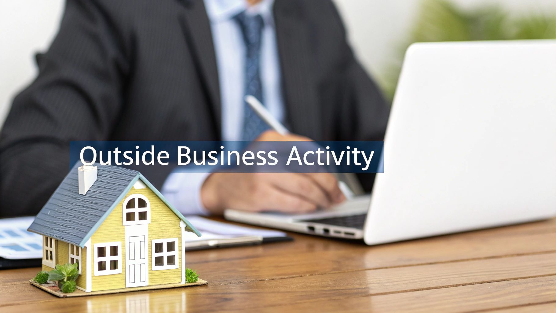A miniature yellow house on a desk with a blurred person working on a laptop, showing 'Outside Business Activity'.