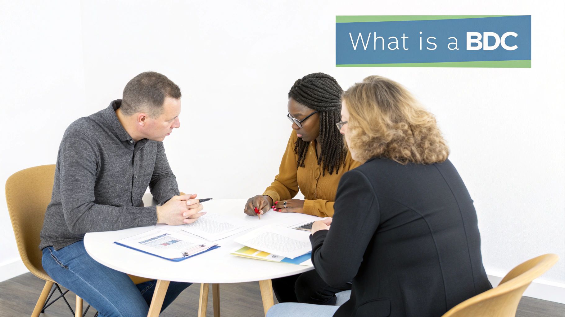 Three diverse business professionals discussing documents around a table, with a 'What is a BDC' banner.
