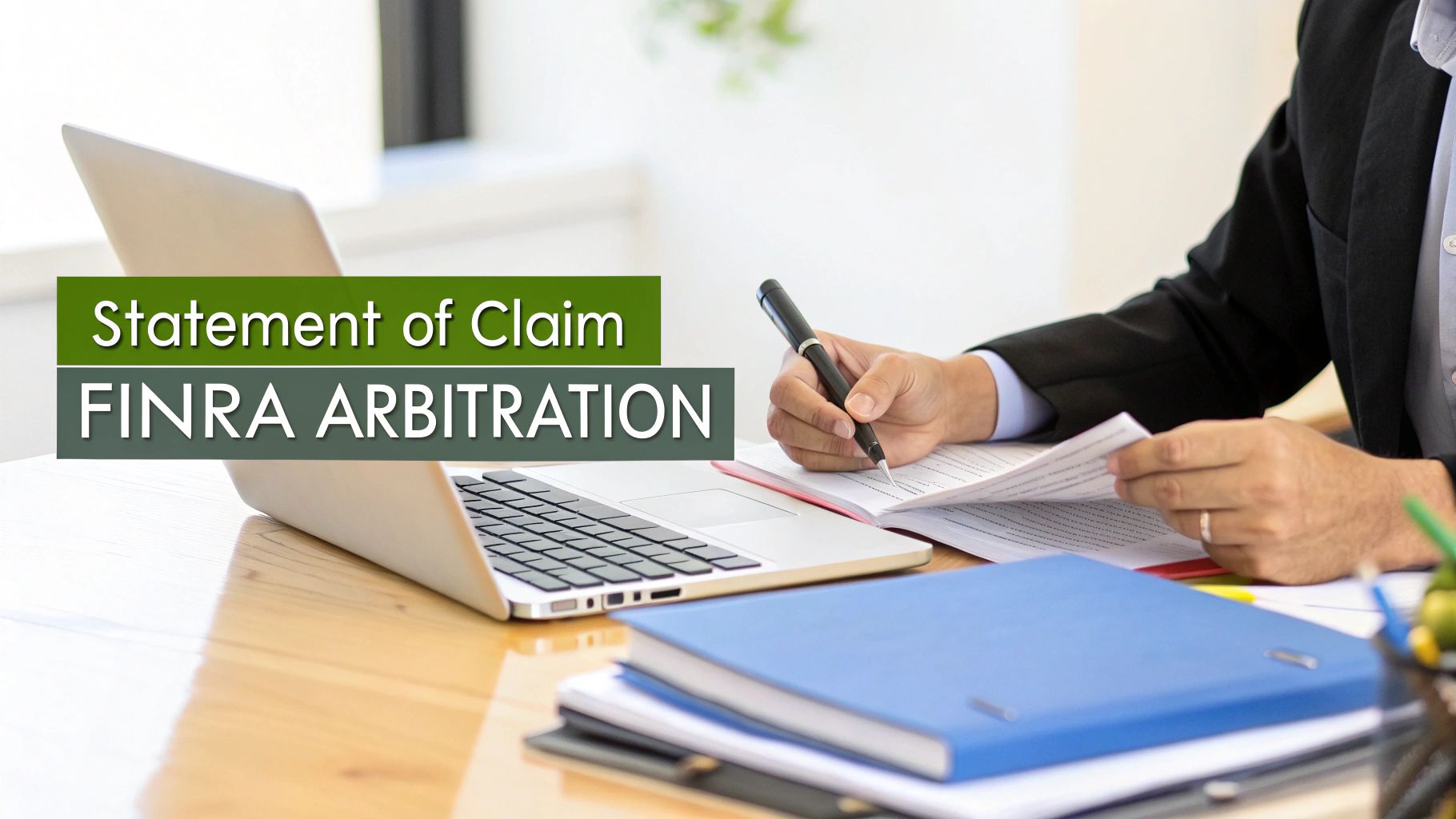 A person in a suit signs documents at a desk with a laptop, referencing FINRA arbitration.