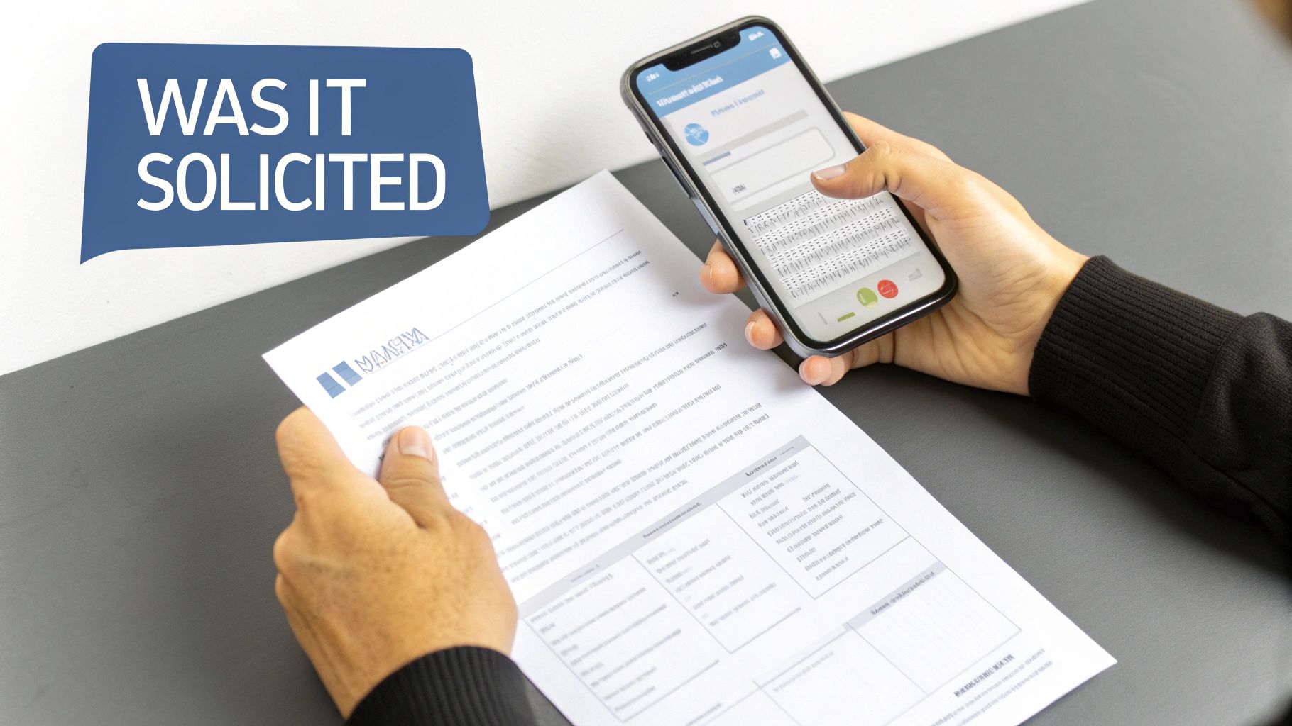 A person holds a document and a smartphone displaying an app, with a speech bubble asking 'WAS IT SOLICITED'.