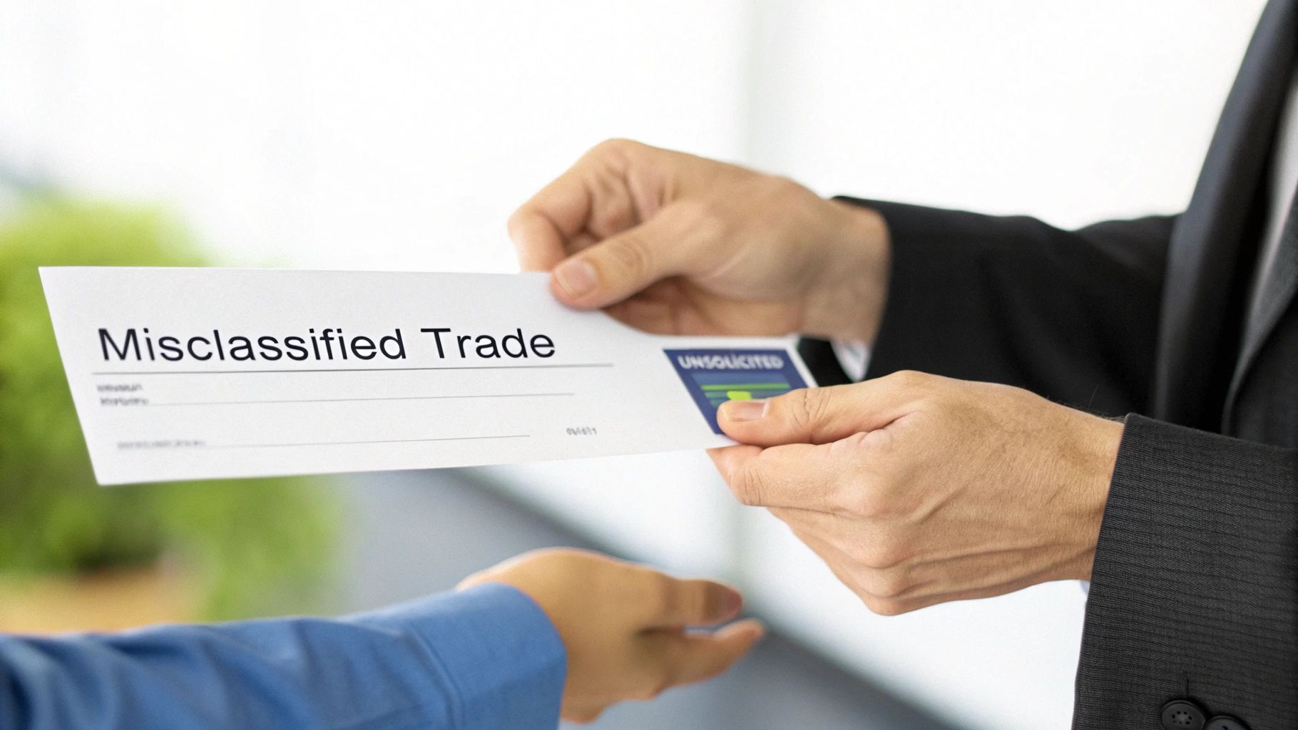Hands exchanging a document titled "Misclassified Trade" and "UNSOLICITED" in a professional setting.