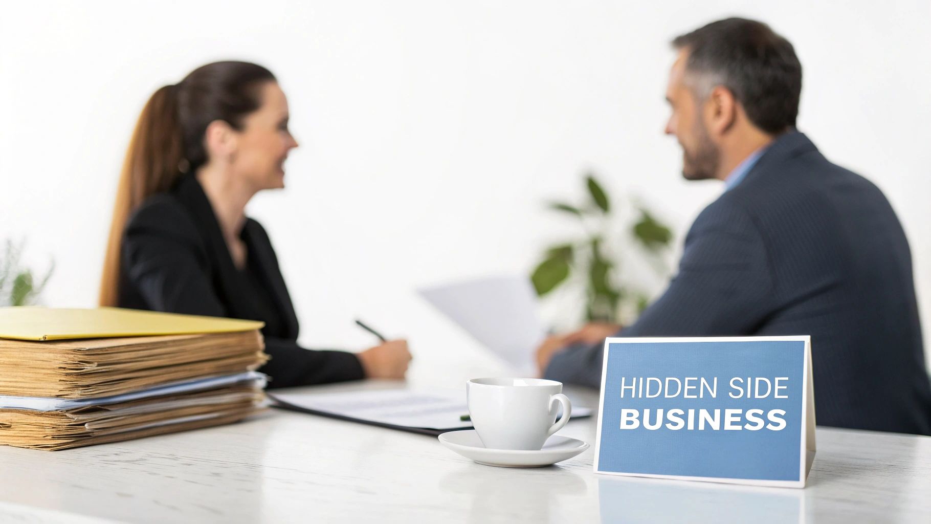 Two professionals discuss in an office, with a "Hidden Side Business" sign and folders on the desk.