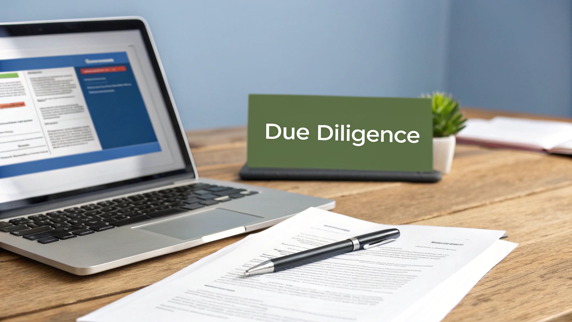 Desk setup with a laptop, pen, documents, and a 'Due Diligence' sign for business analysis.
