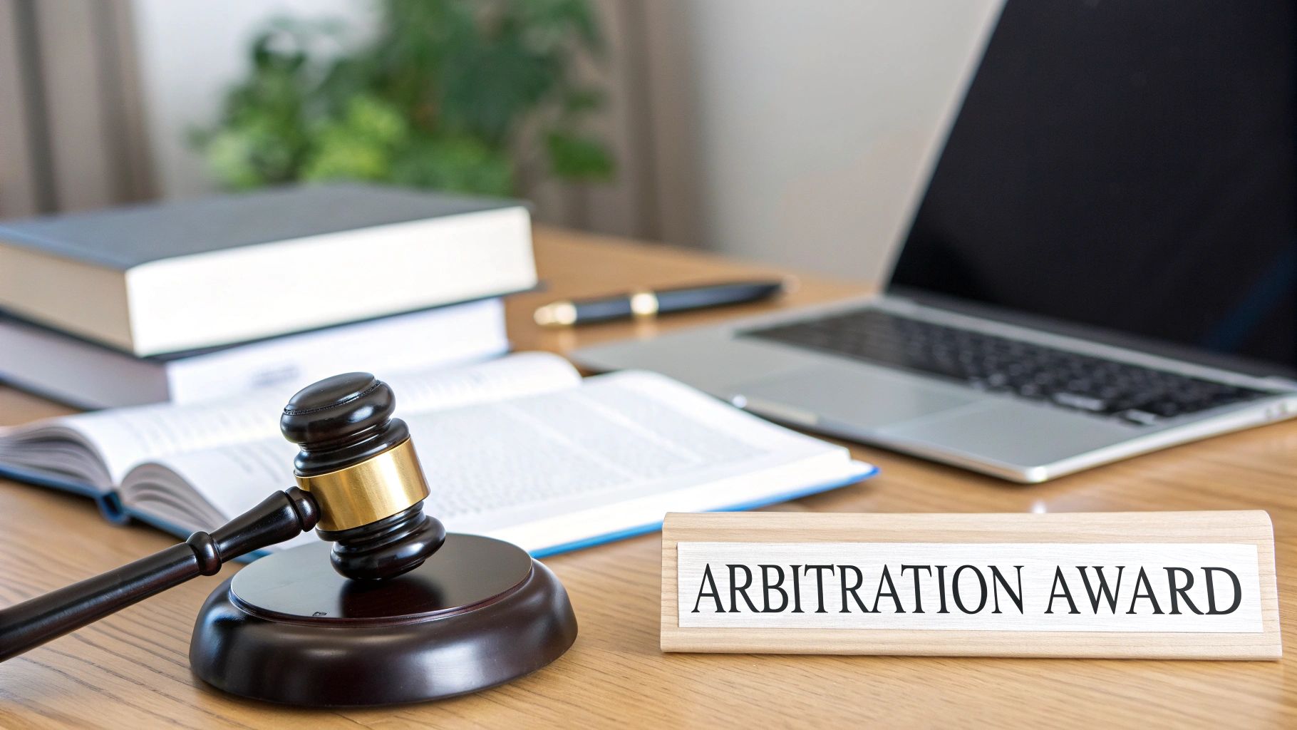 Legal desk setup with a gavel, books, laptop, and 'Arbitration Award' sign.