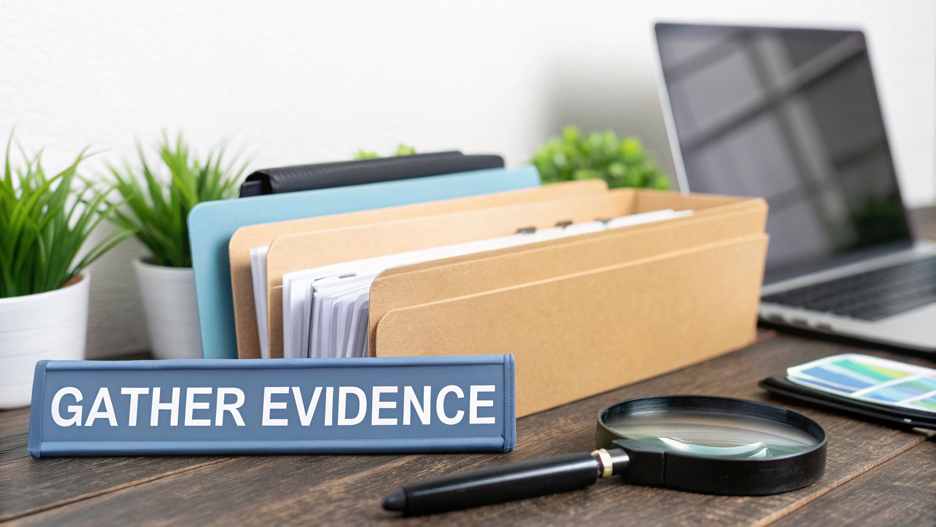 Organized desk with folders, magnifying glass, and laptop for gathering evidence in legal proceedings