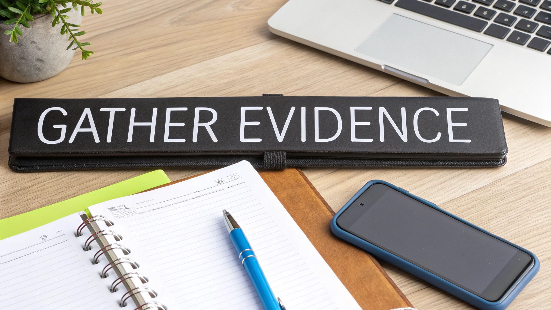 A desk with a sign reading 'GATHER EVIDENCE', a laptop, notebook, pen, and smartphone, for legal work.
