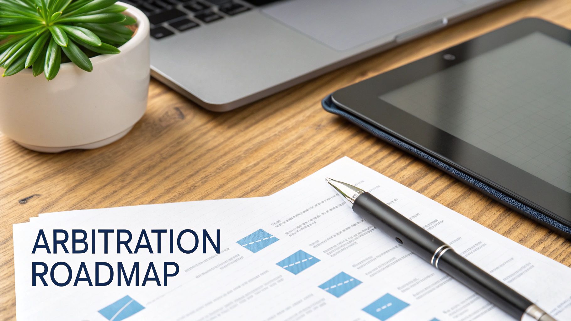 A desk setup with an 'ARBITRATION ROADMAP' document, pen, laptop, tablet, and a small plant.