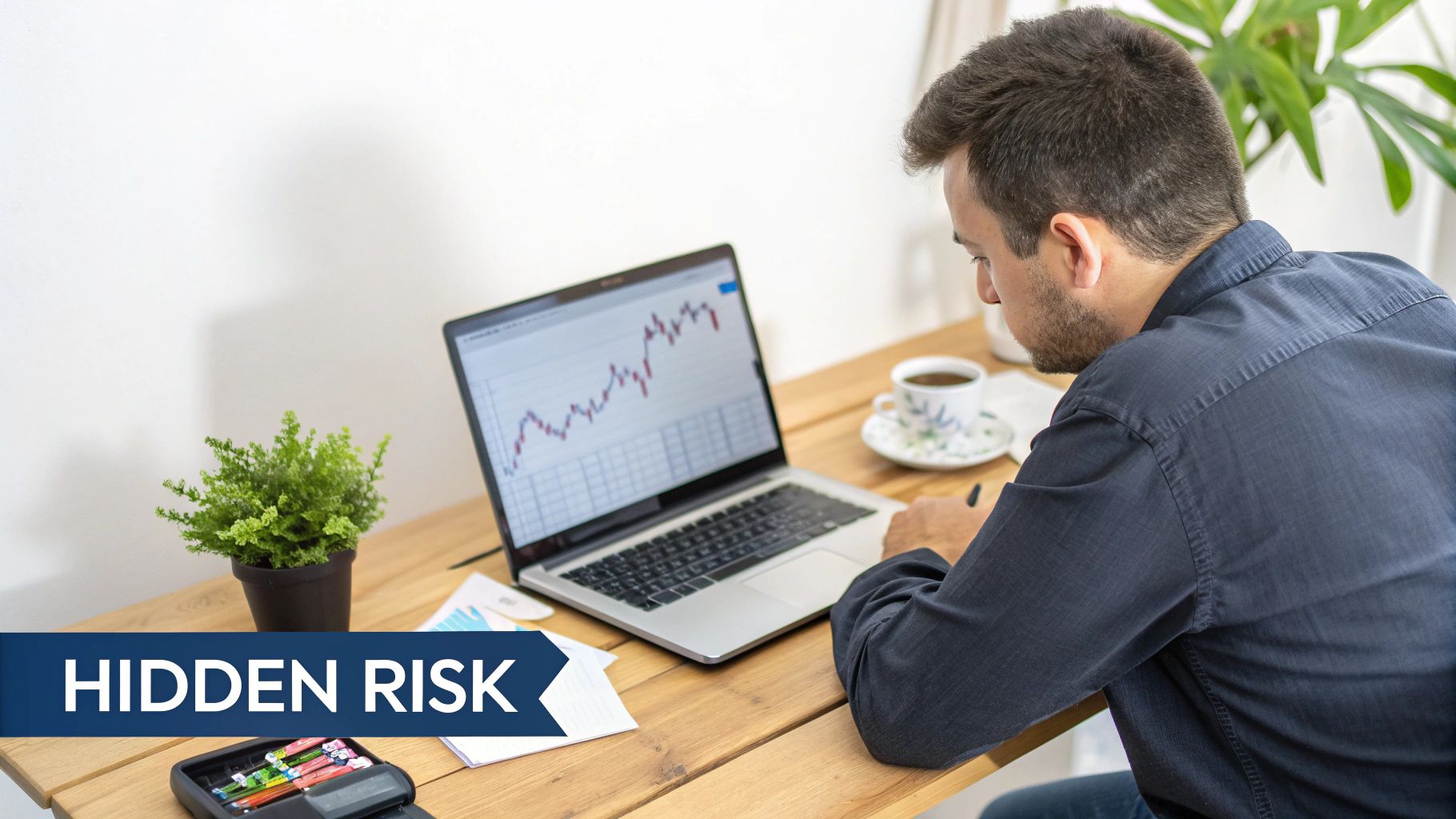 A man monitors a stock chart on a laptop at a wooden desk, highlighting hidden risk.