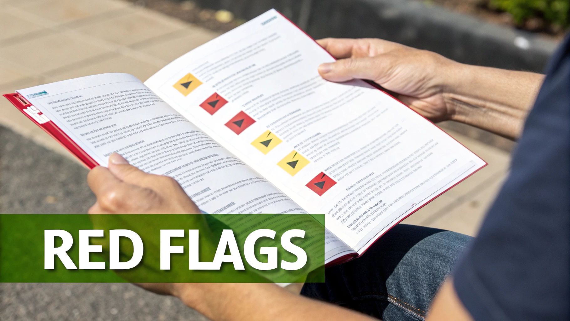 A person holds an open brochure with text and triangular red and yellow 'flag' icons, overlaid with 'RED FLAGS' text.